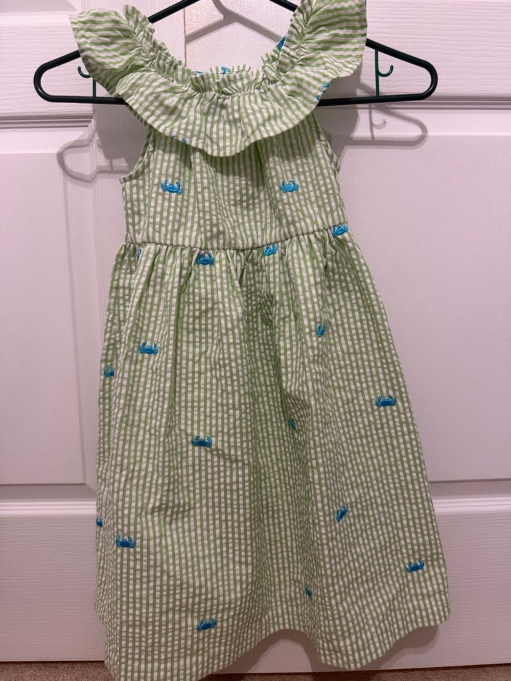 Kelly’s Kids size 6/7 Girls' Green Sear sucker  Dress w/ Blue CrabEmbroidery